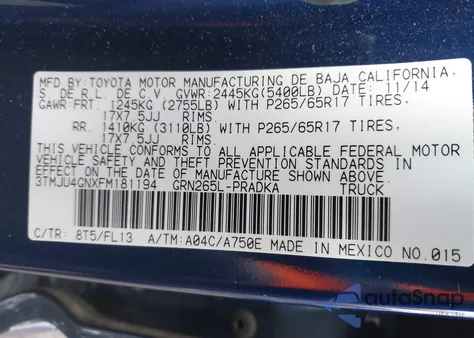 2015 Toyota Tacoma Prerunner V6 z USA, uszkodzony, nr VIN 3TMJU4GNXFM181194